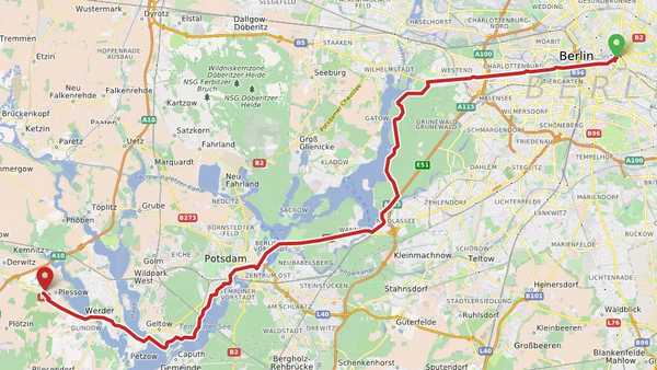 Driving route from Berlin to Potsdam, Germany, calculated on OSM data