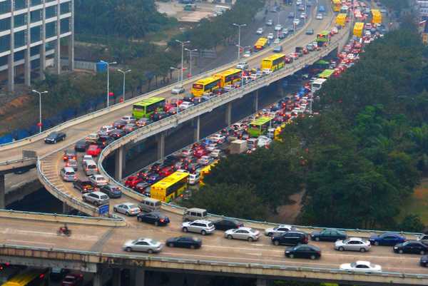 Traffic jam at 17:30 downtown Haikou City, Hainan Province, China